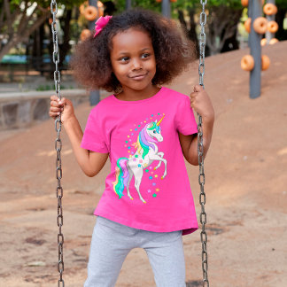 Pretty Rearing Rainbow Unicorn Falling Stars T-Shirt