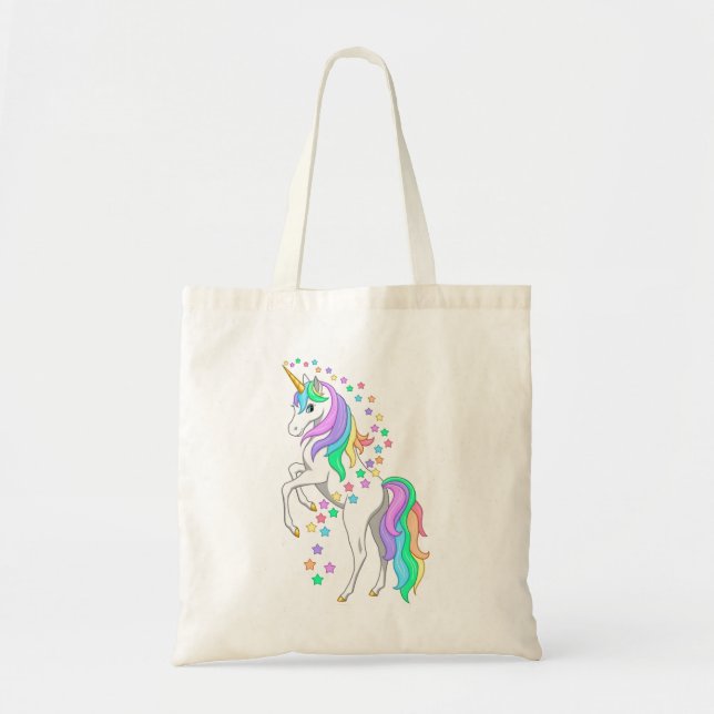 Pretty Rearing Rainbow Unicorn Falling Stars Tote Bag (Front)