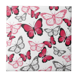 Pretty Red and Black Butterfly Art Pattern Ceramic Tile