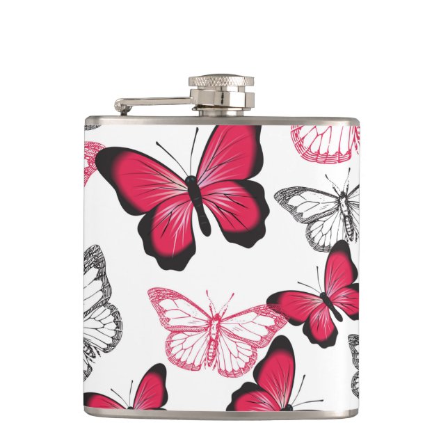 Pretty Red and Black Butterfly Art Pattern Flask (Front)