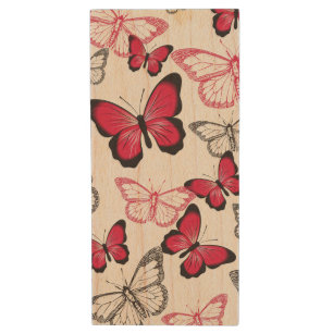 Pretty Red and Black Butterfly Art Pattern Wood Flash Drive