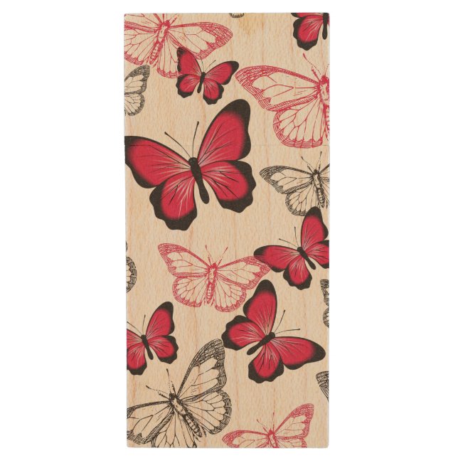 Pretty Red and Black Butterfly Art Pattern Wood Flash Drive (Front Vertical)