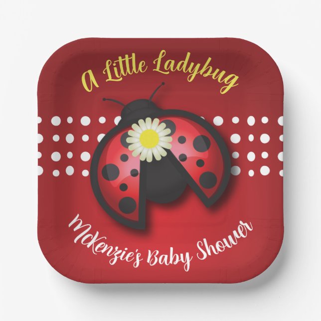 Pretty Red and Black Ladybug Daisies Baby Shower Paper Plates (Front)