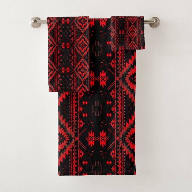 Pretty Red and Black Native American Pattern Bath Towel Set (Insitu)