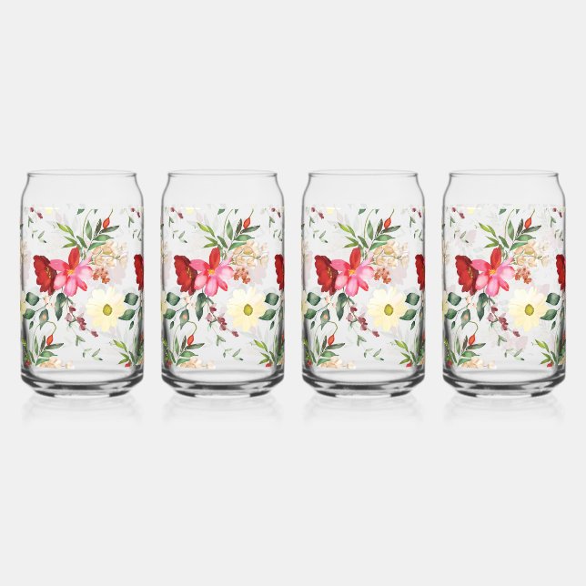 Pretty Red and Cream Florals  Can Glass (Front)