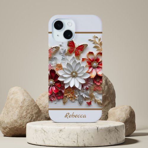 Pretty Red and Gold 3D Flower iPhone 15 Case