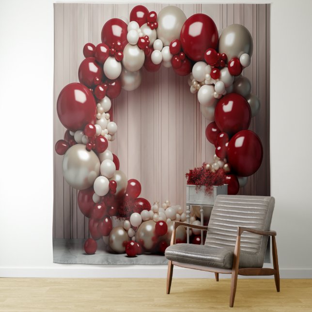 Pretty Red and Gray Balloon Arch Hanging Tapestry (In Situ)