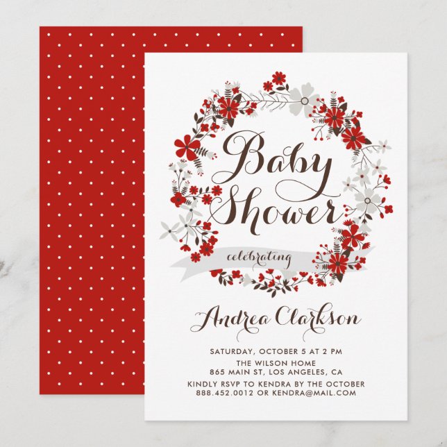 Pretty Red and Gray Floral Wreath Baby Shower Invitation (Front/Back)