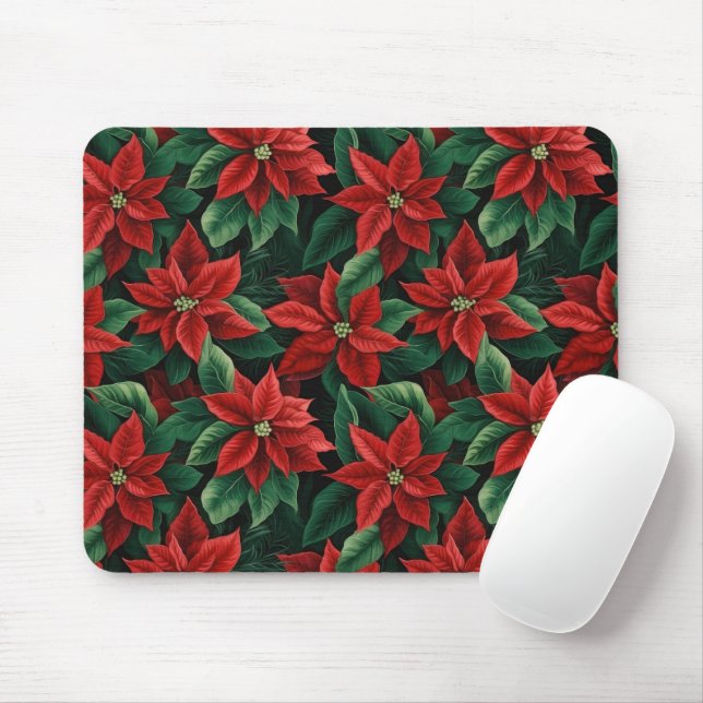 Pretty Red and Green Poinsettias Digital Art Mouse Pad (With Mouse)