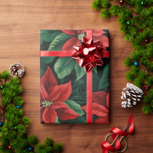 Pretty Red and Green Poinsettias Digital Art Wrapping Paper