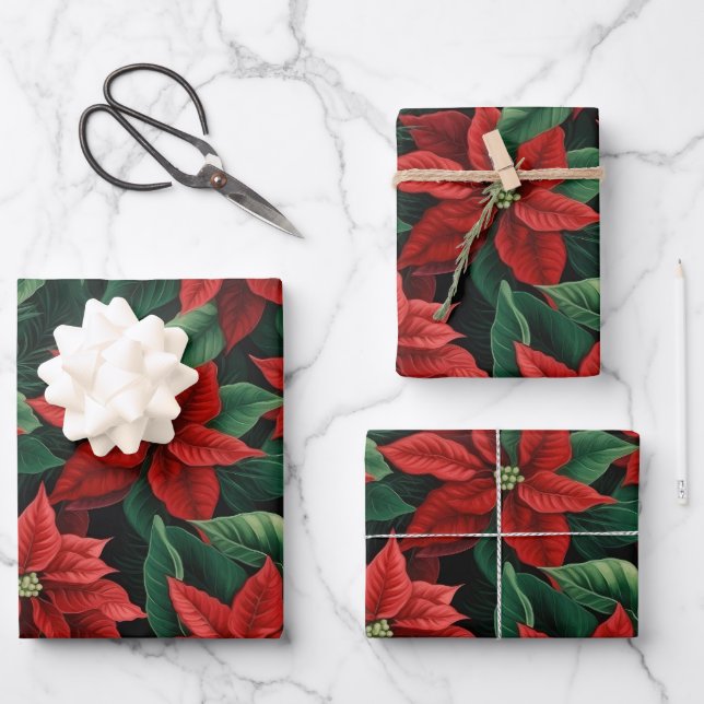 Pretty Red and Green Poinsettias Digital Art Wrapping Paper Sheets (Front)