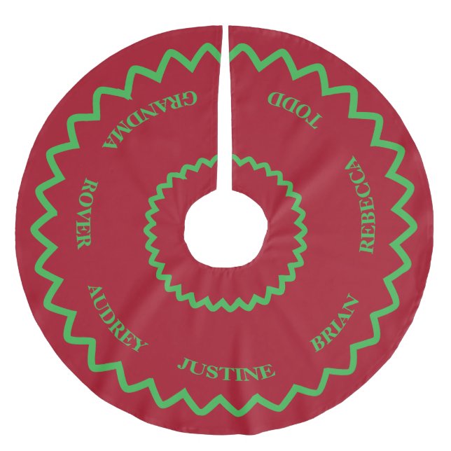 Pretty Red and Green Tree Skirt with Names (Front)
