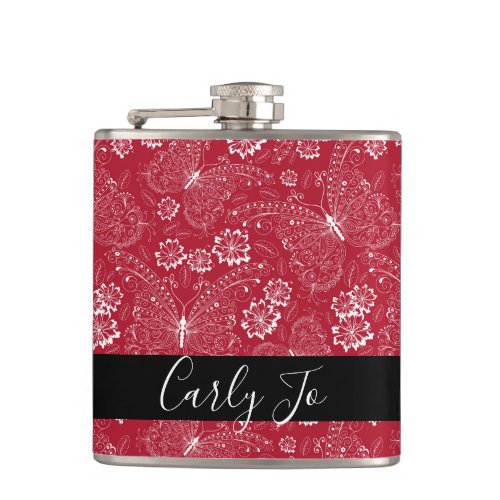 Pretty Red and White Butterfly Personalized Flask