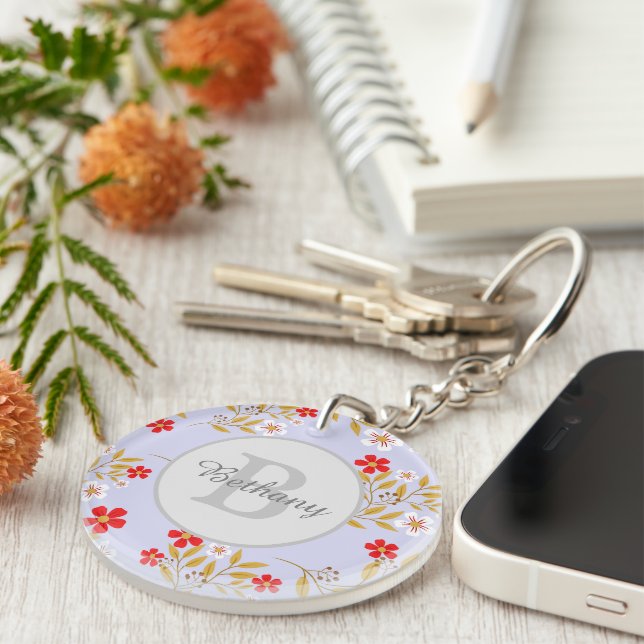 Pretty Red and White Floral Pattern Personalised Keychain (Front Right)