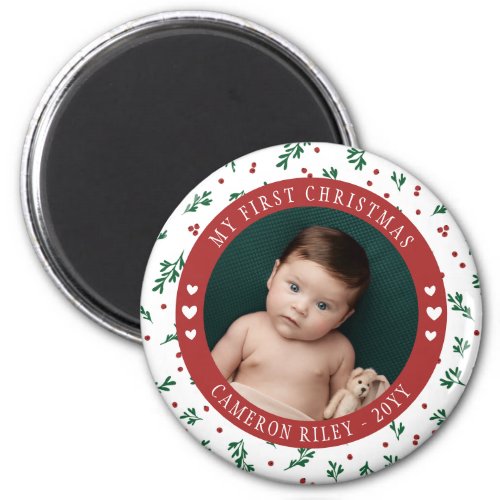 Pretty Red Berry Pattern Babys First Christmas Magnet
