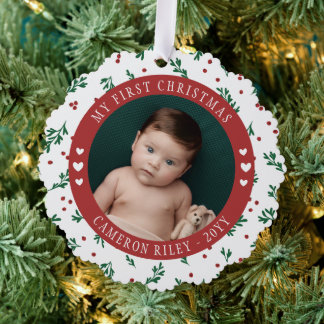 Pretty Red Berry Pattern Baby's First Christmas Ornament Card