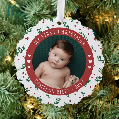 Pretty Red Berry Pattern Babys First Christmas Ornament Card