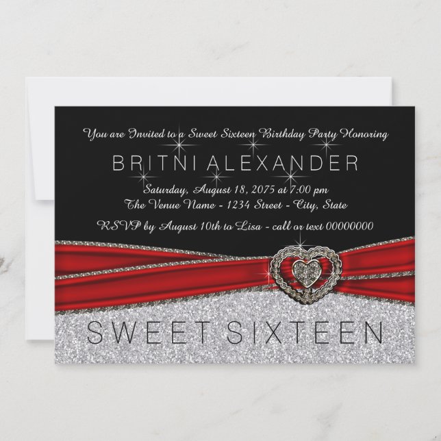 Pretty Red Black and Silver Sweet 16 Invitation (Front)