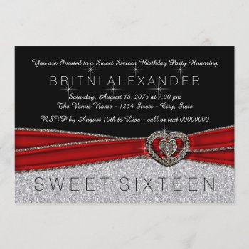 Pretty Red Black And Silver Sweet 16 Invitation by InvitationCentral at Zazzle