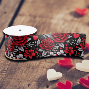 Pretty, Red, Black and White Roses, Hearts Satin Ribbon