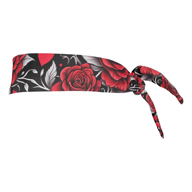 Pretty, Red, Black and White Roses, Hearts  Tie Headband (Rotate 90)