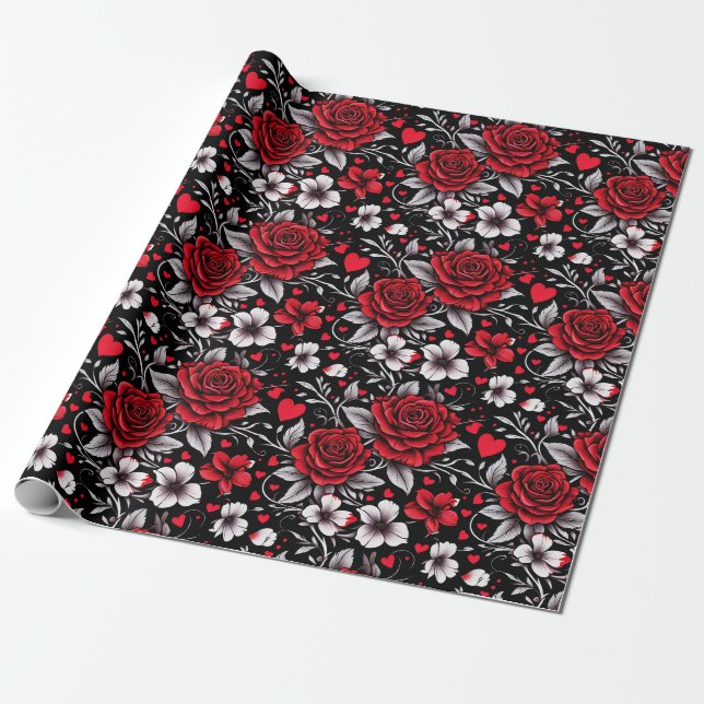 Pretty, Red, Black and White Roses, Hearts  Wrapping Paper (Unrolled)