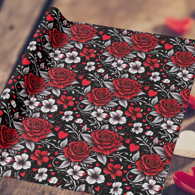 Pretty, Red, Black and White Roses, Hearts  Wrapping Paper (Creator Uploaded)