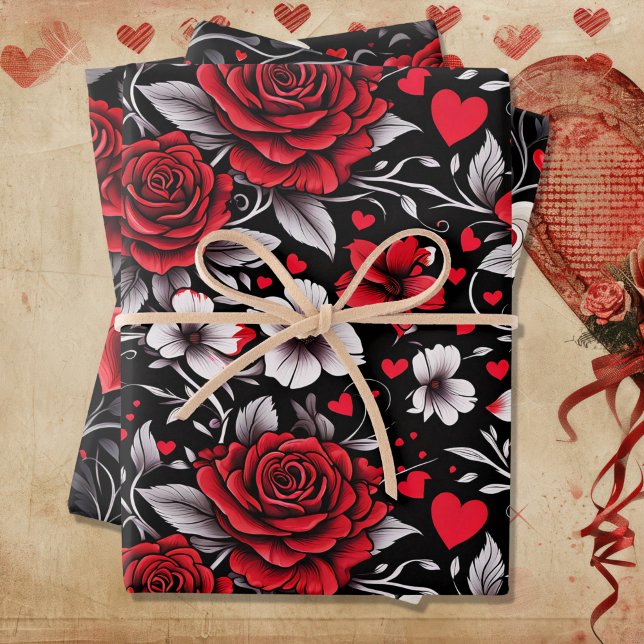 Pretty, Red, Black and White Roses, Hearts  Wrapping Paper Sheets (Creator Uploaded)