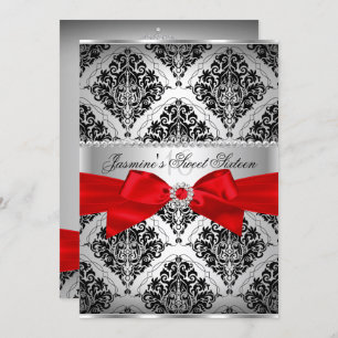 Pretty Red Black Damask Sweet 16 Invitation