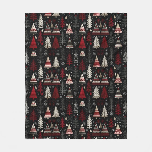 Pretty Red, Black White Christmas Trees Fleece Blanket (Front)