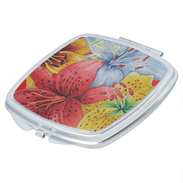 pretty red blue and yellow lily flowers floral  compact mirror (Turned)