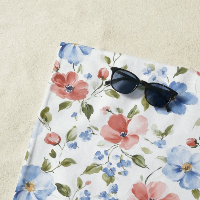 Pretty Red Blue Flowers Beach Towel (In Situ)