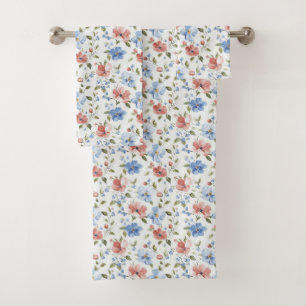 Pretty Red Blue Flowers Birthday Bath Towel Set