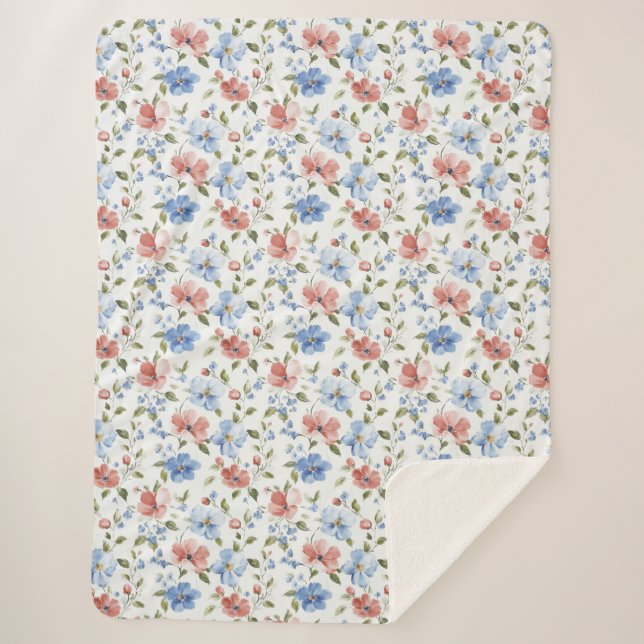 Pretty Red Blue Flowers Birthday Sherpa Blanket (Front)