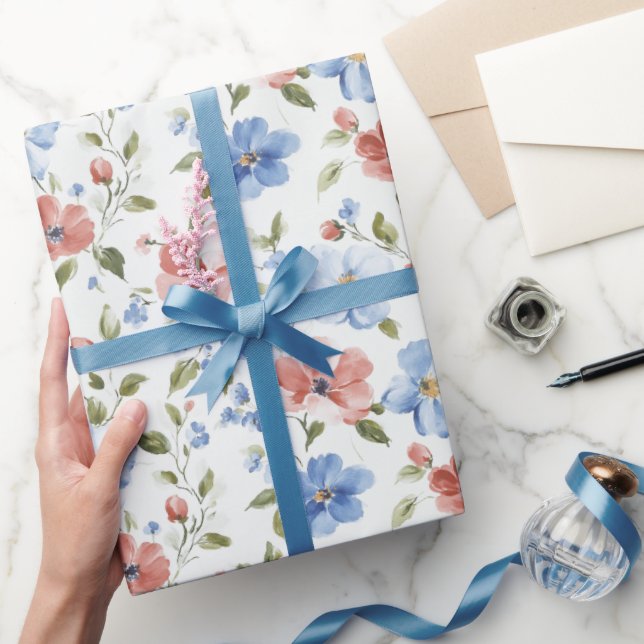 Pretty Red Blue Flowers Birthday Wrapping Paper (Gifting)