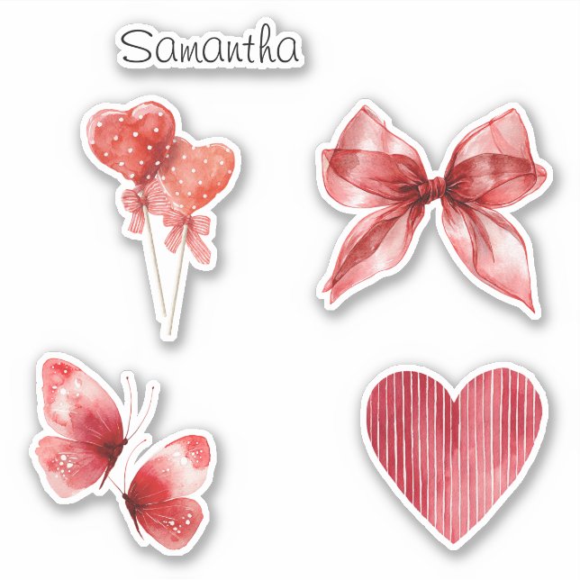 Pretty Red Bow Hearts Butterflies Sticker (Front)