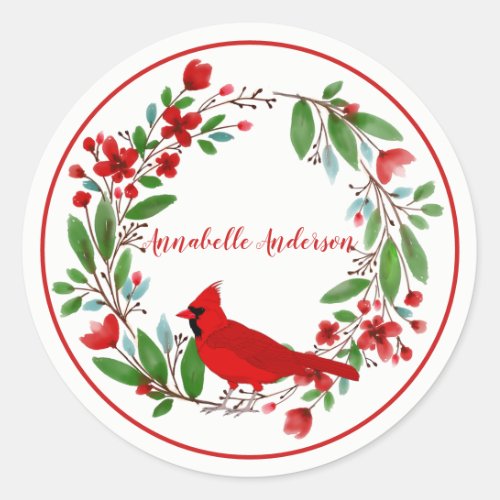 Pretty Red Cardinal and Wreath Personalize  Classic Round Sticker