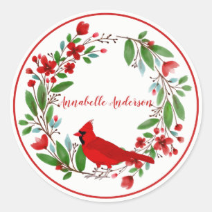Pretty Red Cardinal and Wreath Personalize Classic Round Sticker