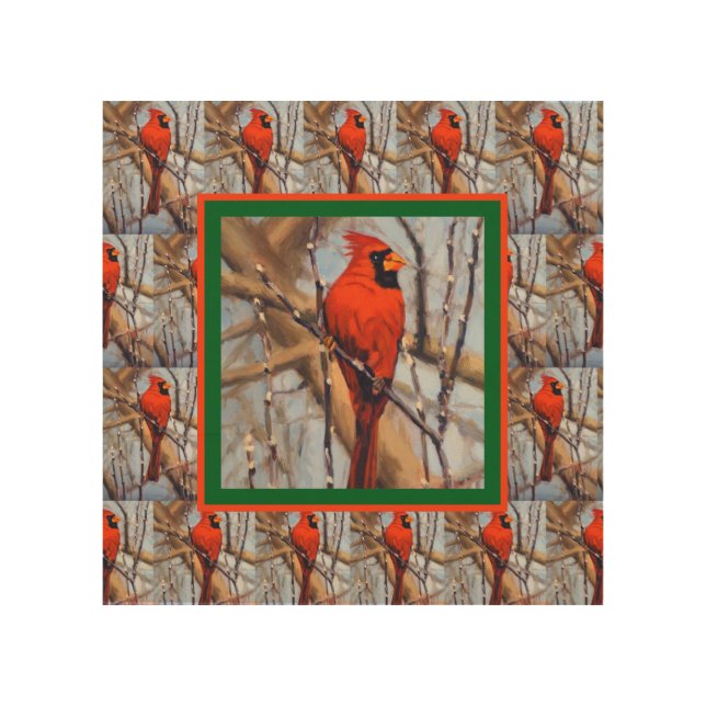 Pretty Red Cardinal Bird in Winter Wood Wall Art (Front)