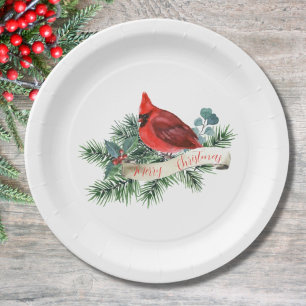 Pretty Red Cardinal Christmas Paper Plate