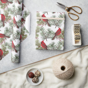 Pretty Red Cardinals Berry Pine Branches Christmas Wrapping Paper