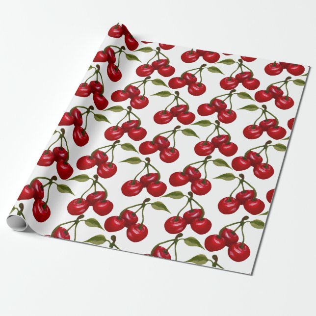 Pretty Red Cherry Watercolor Wrapping Paper (Unrolled)