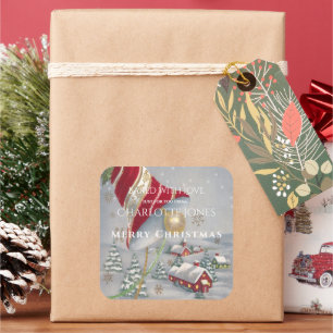 Pretty Red Christmas Bell Country Village Square Sticker