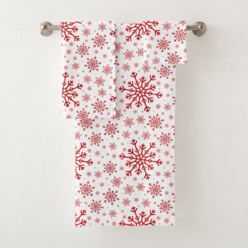 Pretty Red Christmas Snowflakes on Winter White Bath Towel Set