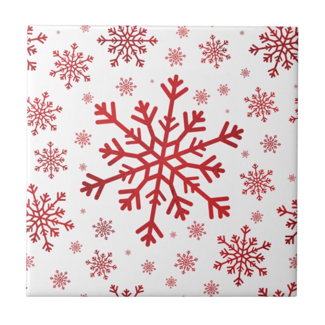 Pretty Red Christmas Snowflakes on Winter White Ceramic Tile (Front)