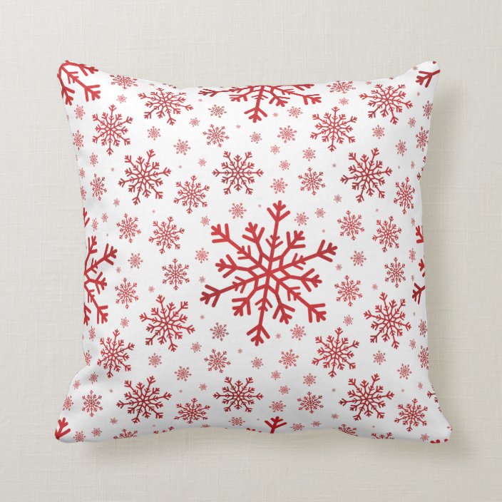 Pretty Red Christmas Snowflakes on Winter White Throw Pillow