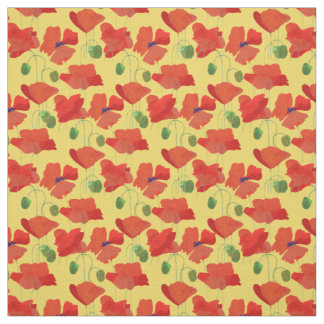 Pretty Red Field Poppies on Golden Yellow Fabric