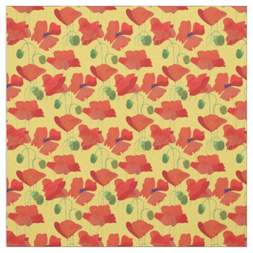 Pretty Red Field Poppies on Golden Yellow Fabric