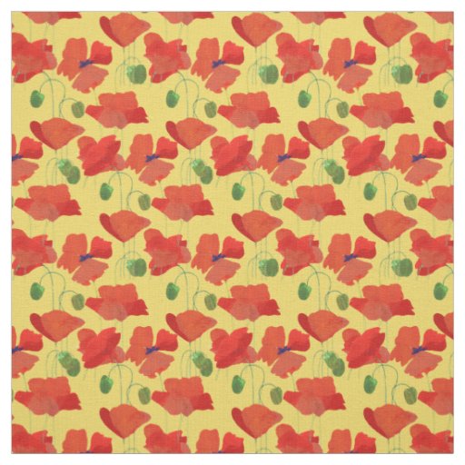 Pretty Red Field Poppies on Golden Yellow Fabric