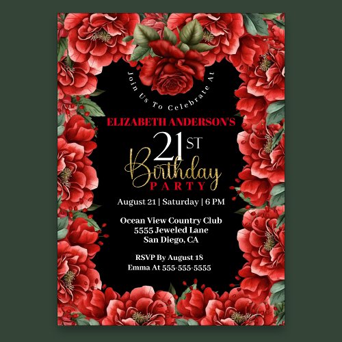 Pretty Red Floral 21st Birthday Invitation